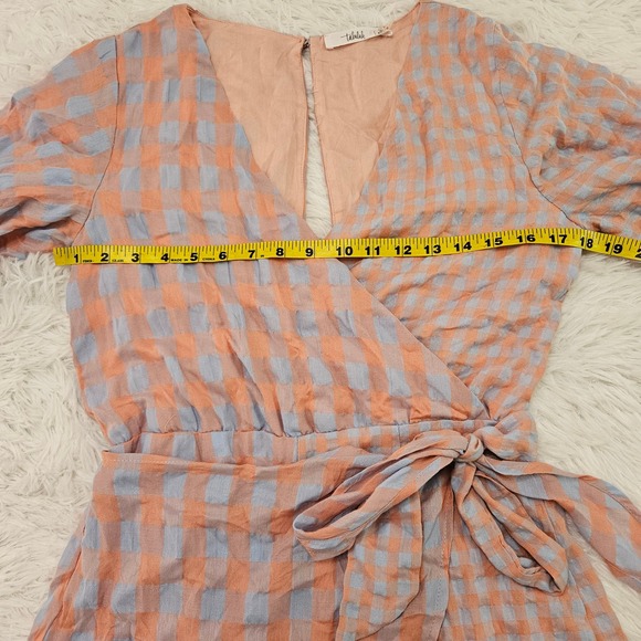 Talulah Women's Peach‎ & Blue Gingham Wrap Tie Waist Short Sleeve Romper. Size M - Picture 13 of 13